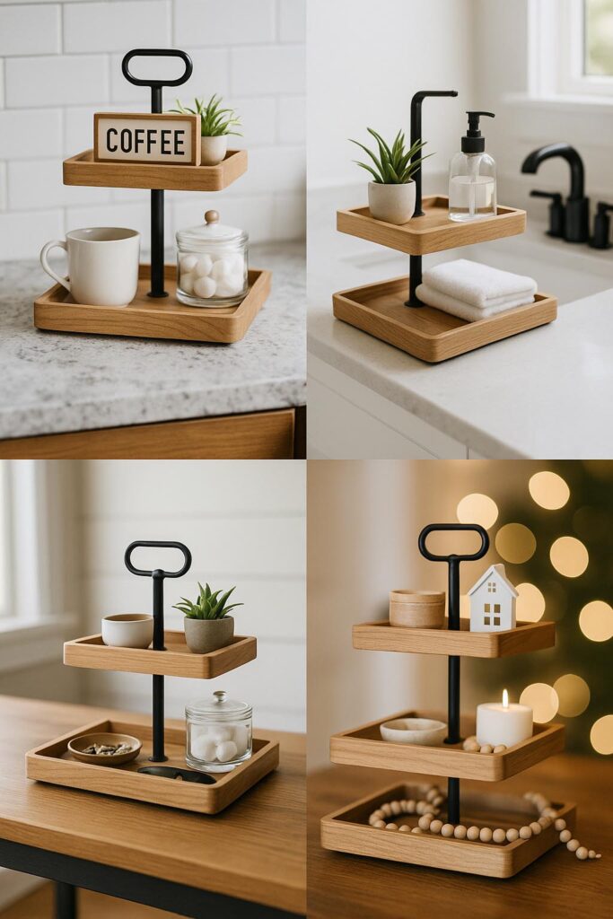 Four scenes: coffee bar, bathroom, entry, and holiday displays of tiered trays.