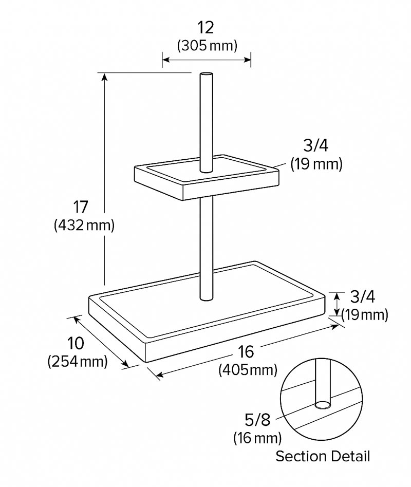 Measured line-art plan of a two-tier rectangular wooden tray with imperial and metric dimensions and dowel section detail.