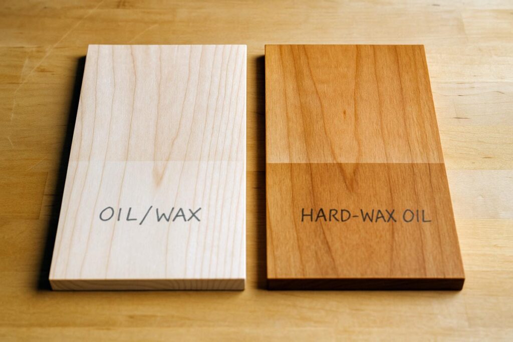 Side-by-side boards: oil/wax matte vs hard-wax oil satin, clearly labeled.