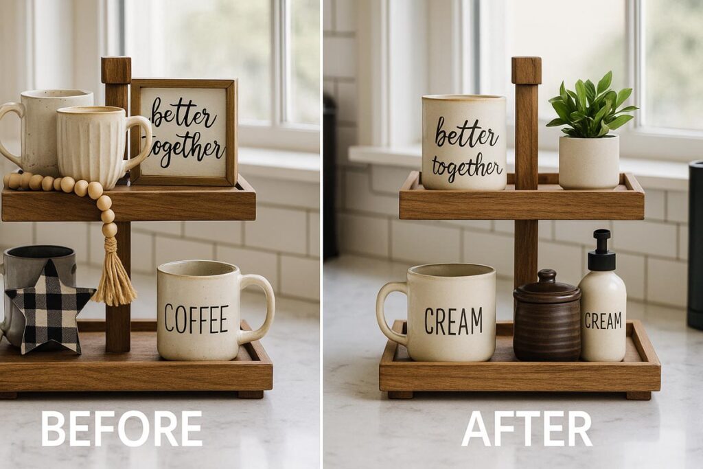 Before and after styling a two-tier farmhouse tray: left cluttered, right balanced with mug, plant, and soap dispenser.