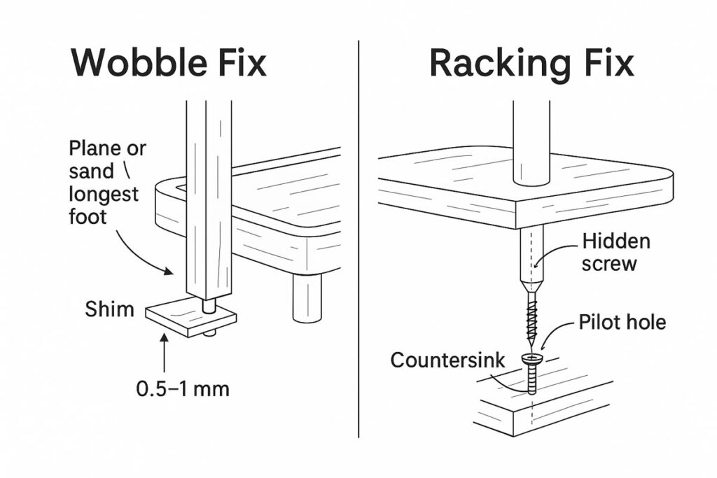 Line-art troubleshooting: shim under a tray foot to fix wobble; hidden screw up from underside into dowel to prevent racking; labels for pilot hole and countersink.