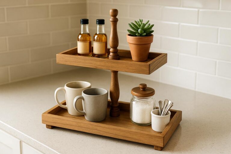 Wooden 2 tier rectangle tray styled on a kitchen counter with mugs, jars, and a small plant