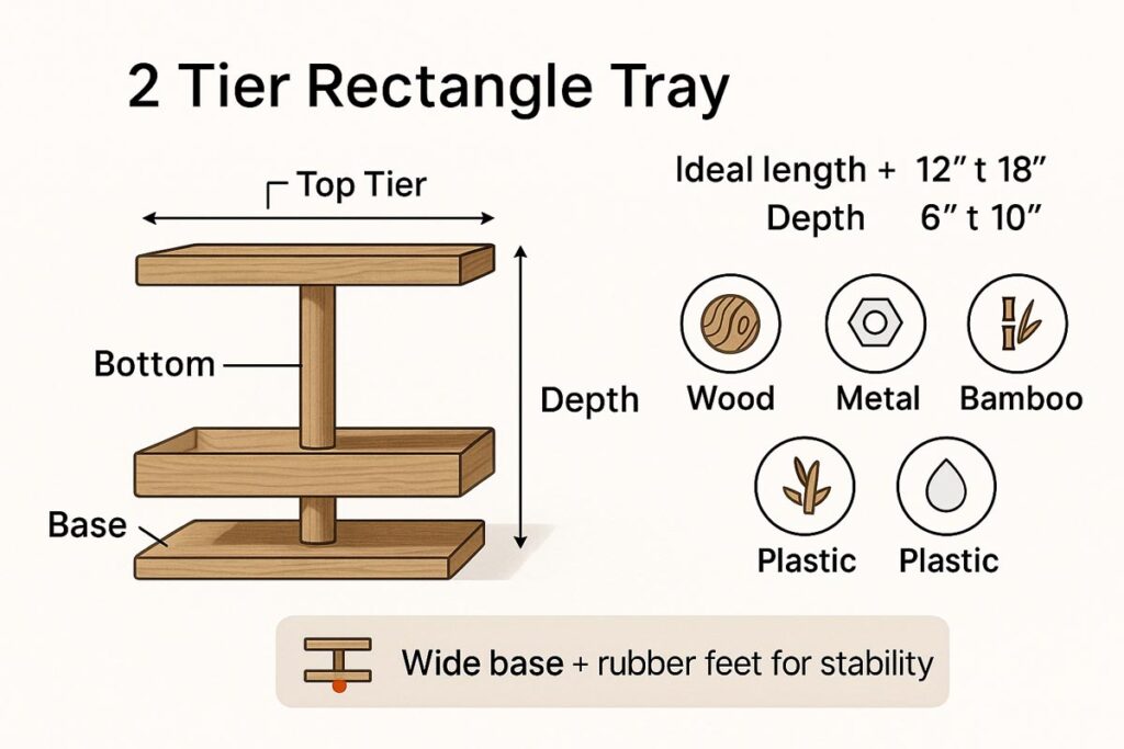 Infographic showing ideal tray sizes, materials, and stability tips for a 2 tier rectangle tray.
