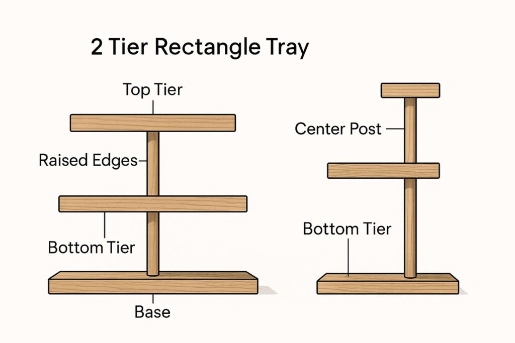 Front and side view diagram of a 2 tier rectangle tray with labeled parts