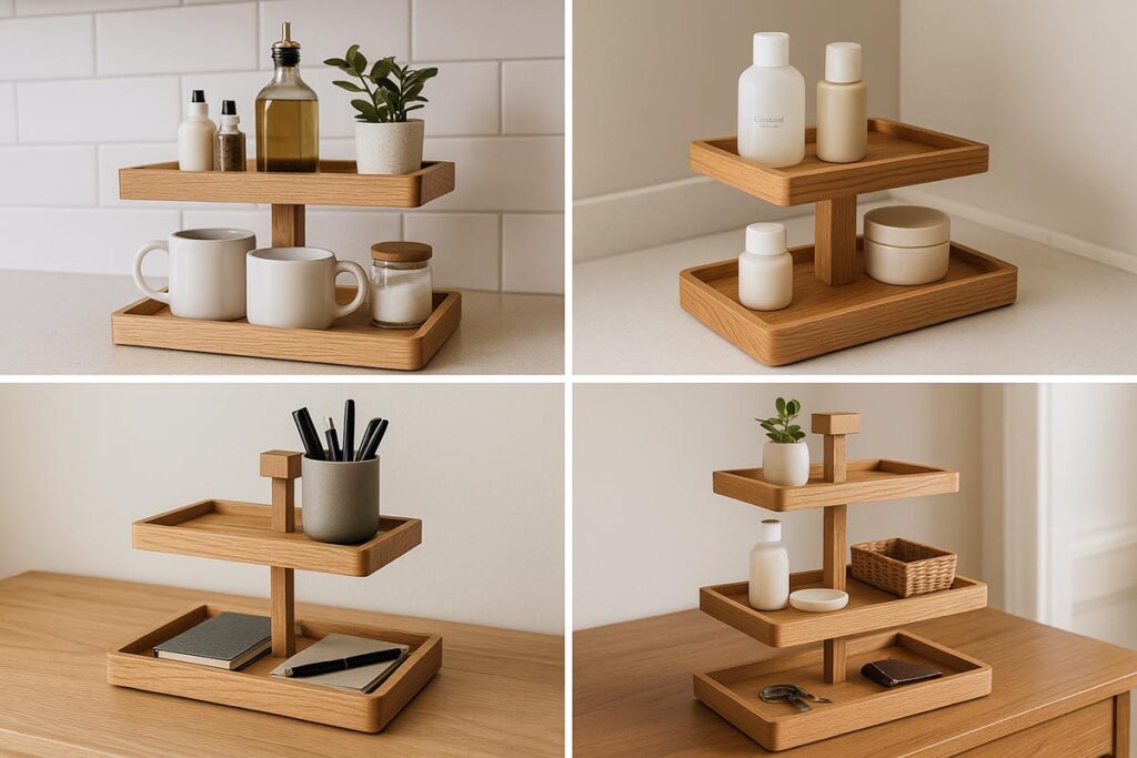 Collage showing a 2 tier rectangle tray used in a kitchen, bathroom, desk, and entryway