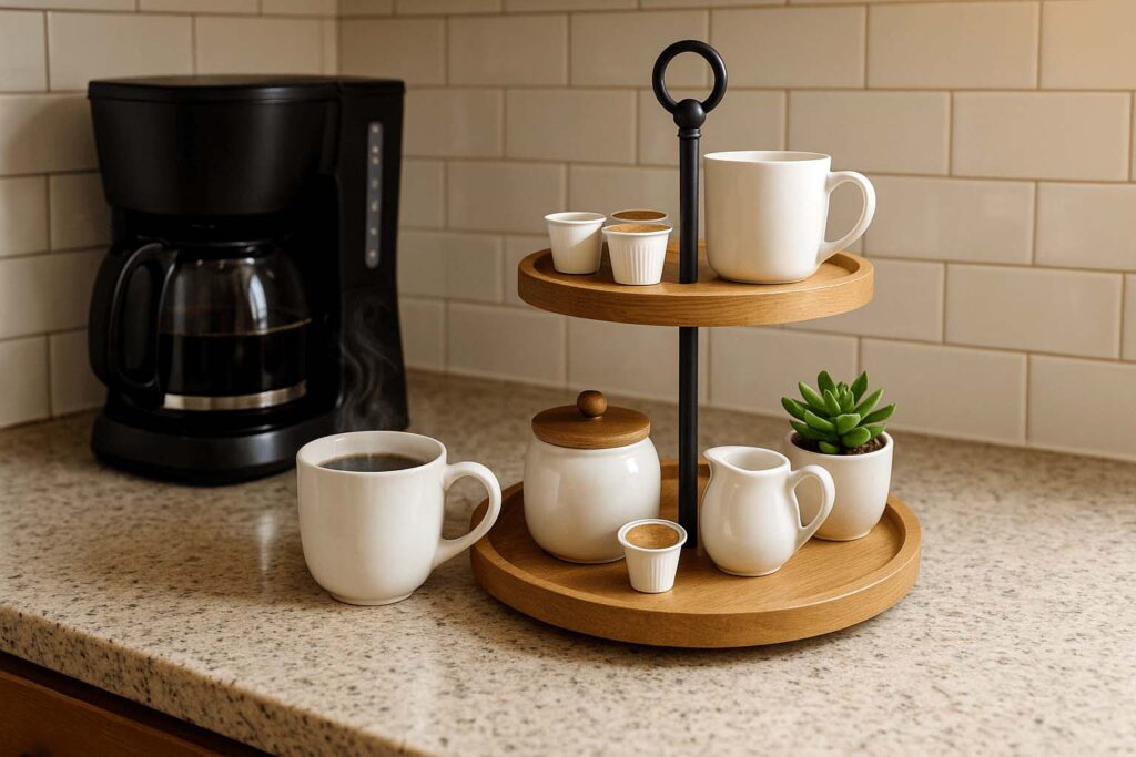 Two tier round tray organizing coffee station items on kitchen counter