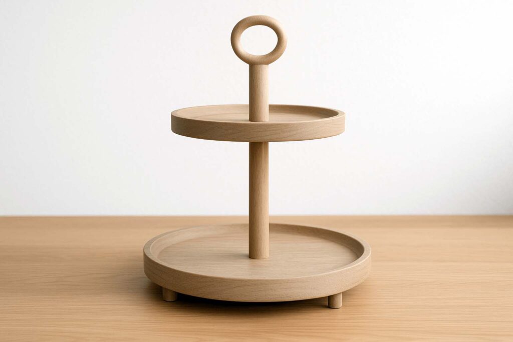 Neutral two tier round tray on table showing top and bottom levels clearly