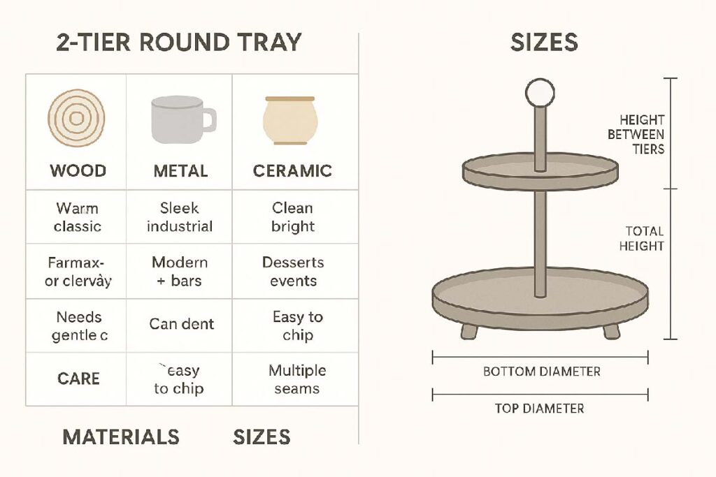 Infographic comparing materials and sizes for two tier round trays