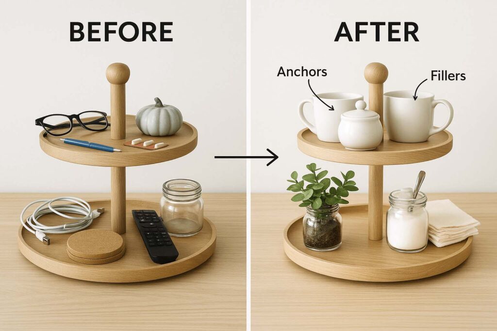 Before and after styling comparison of a two tier round tray