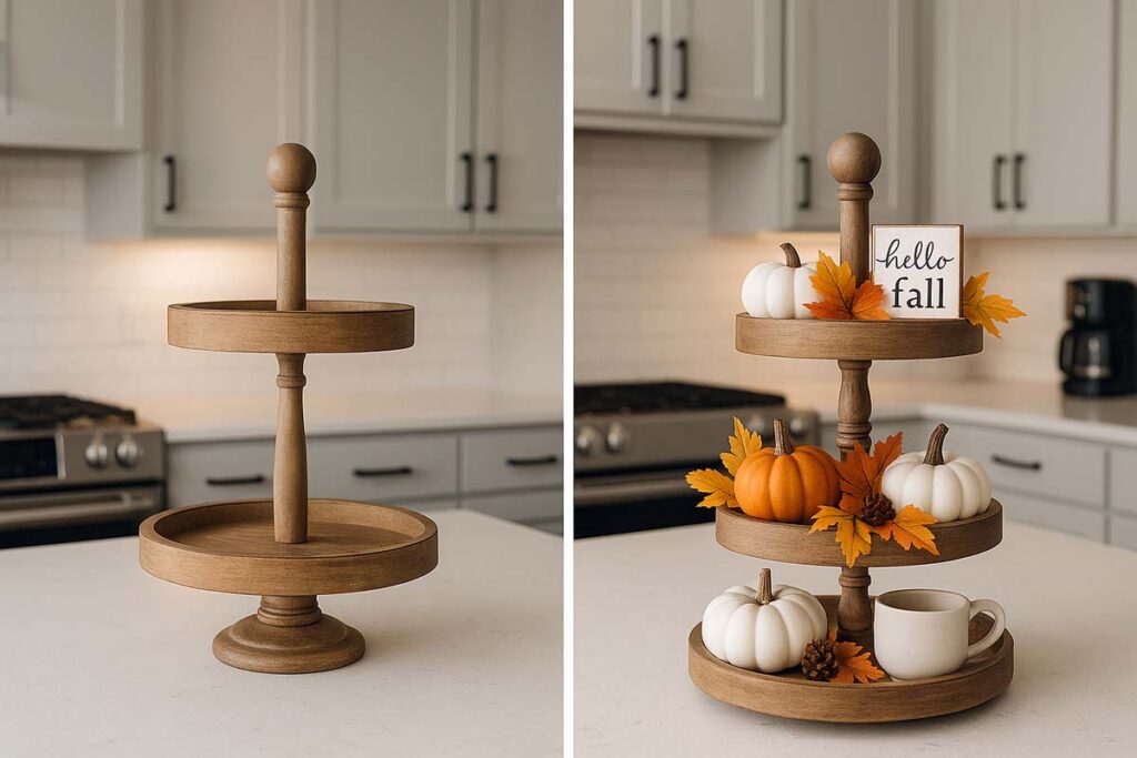 Before and after styling of a 2 tier tray for fall on a kitchen island
