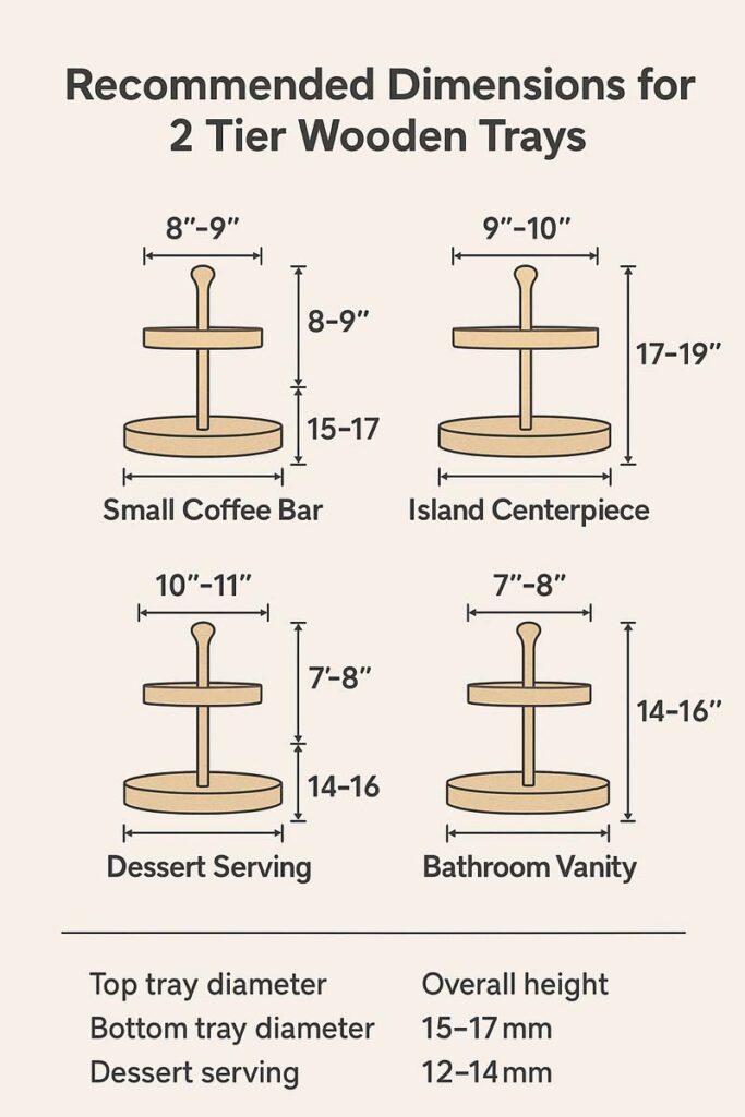 Infographic showing recommended sizes and dimensions for 2 tier wooden trays