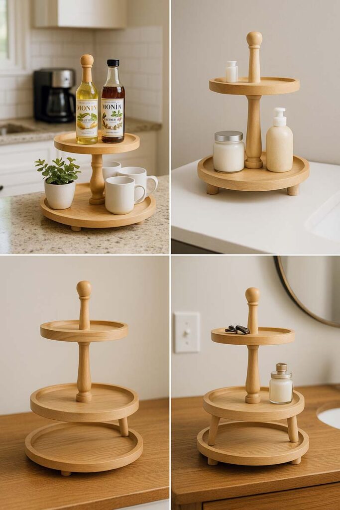 2 tier wooden tray used on coffee bar, bathroom vanity and entry table