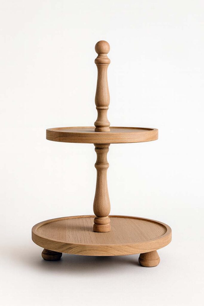 Handcrafted 2 tier wooden tray on a white background