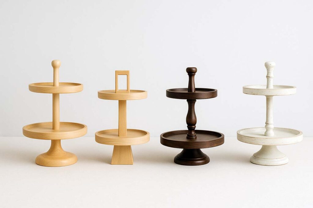 Different 2 tier wooden tray styles including round, rectangular, rustic and modern