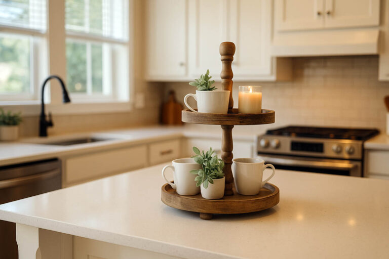 Cozy kitchen with wooden farmhouse tiered tray styled on a white island