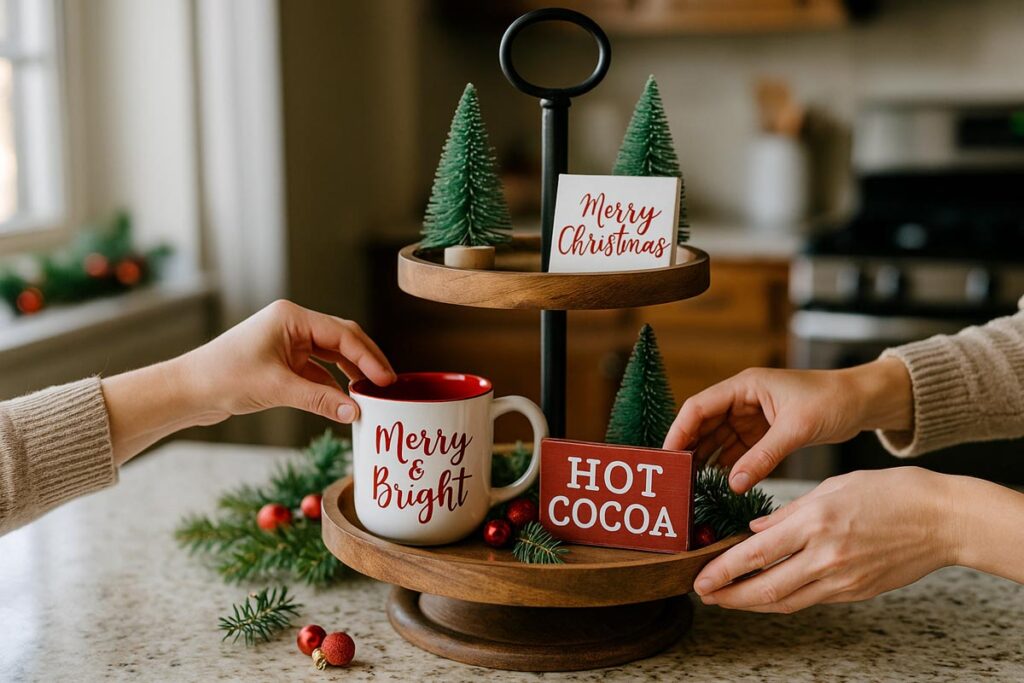 Hands arranging Christmas decor on a two tier tray in a cozy kitchen