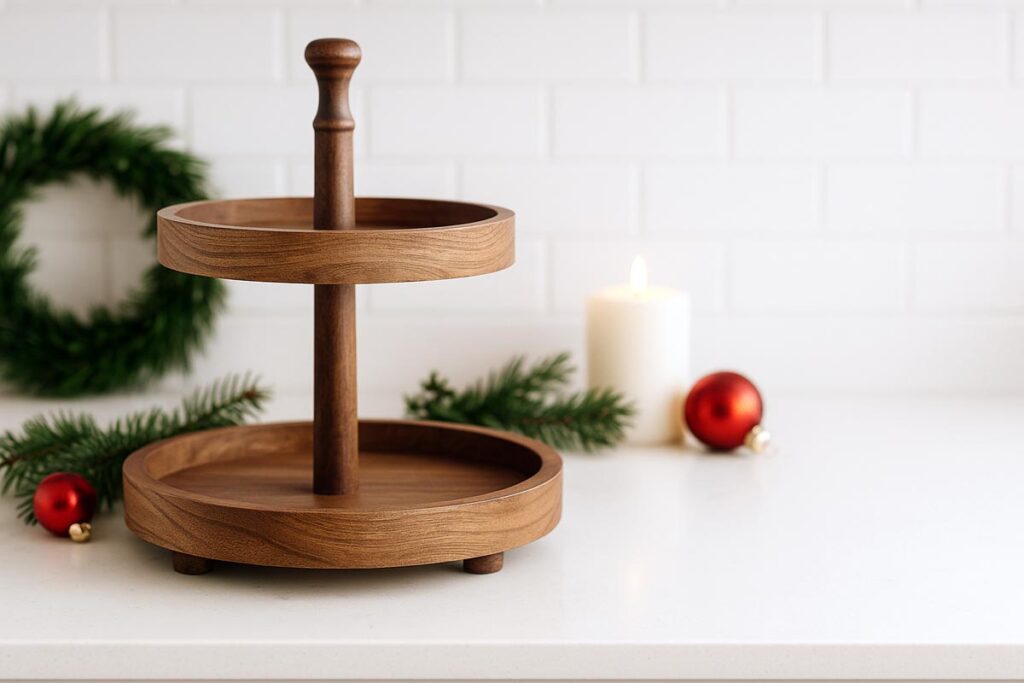 Empty wooden two tier tray on a white kitchen counter with subtle Christmas decor around it