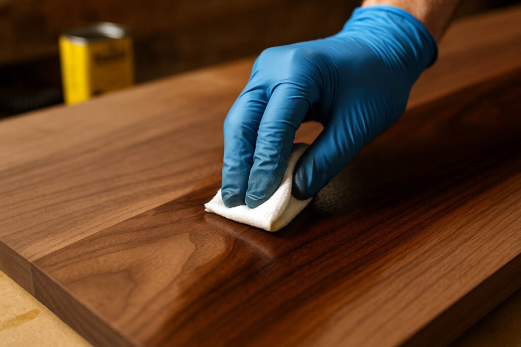 Close-up of oil being wiped onto a walnut board with a cloth