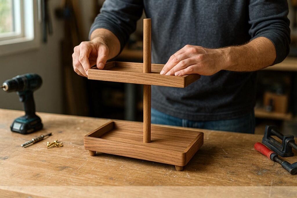 Person assembling a wooden 2 tier rectangle tray by attaching the center post between the two tiers