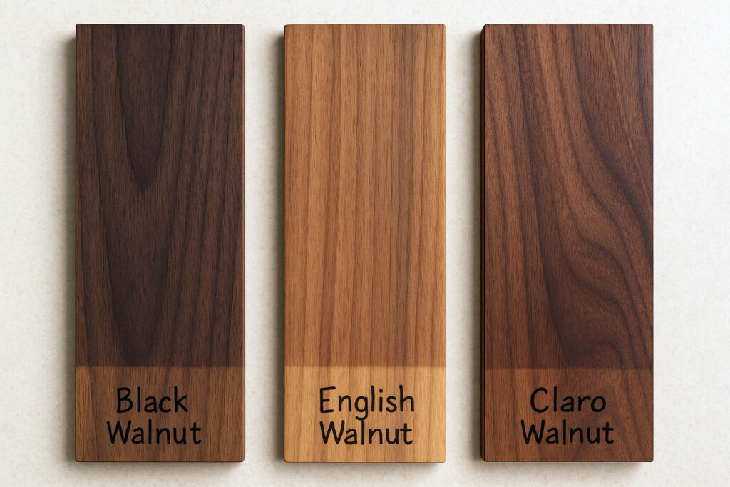 Three walnut boards labeled black walnut, English walnut, and Claro walnut
