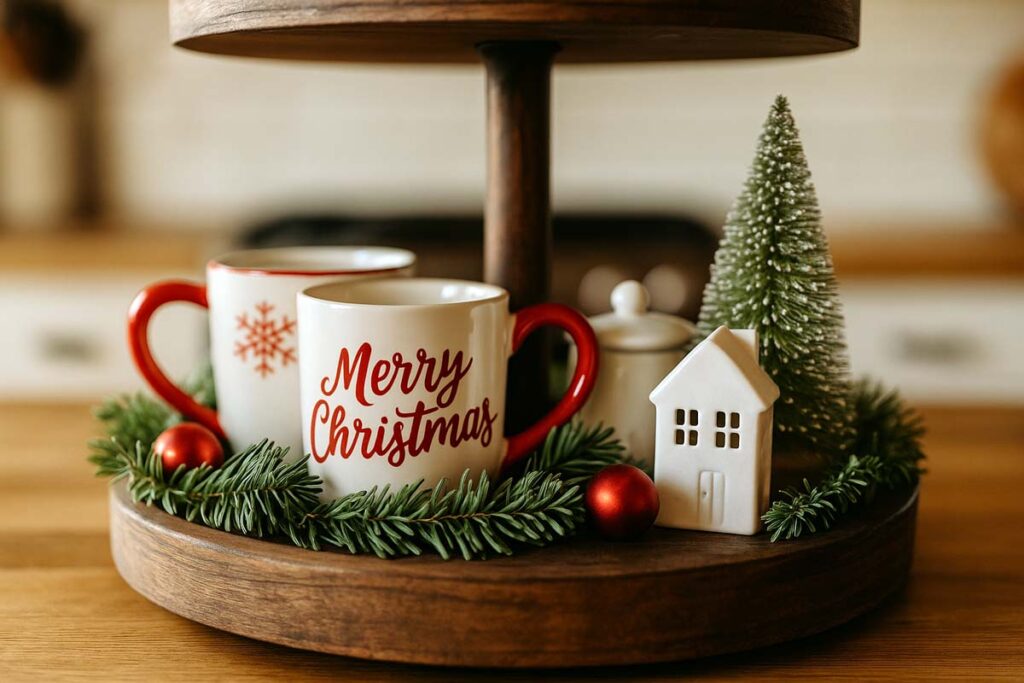 Bottom tier of a Christmas tray with mugs, jar and greenery styled together