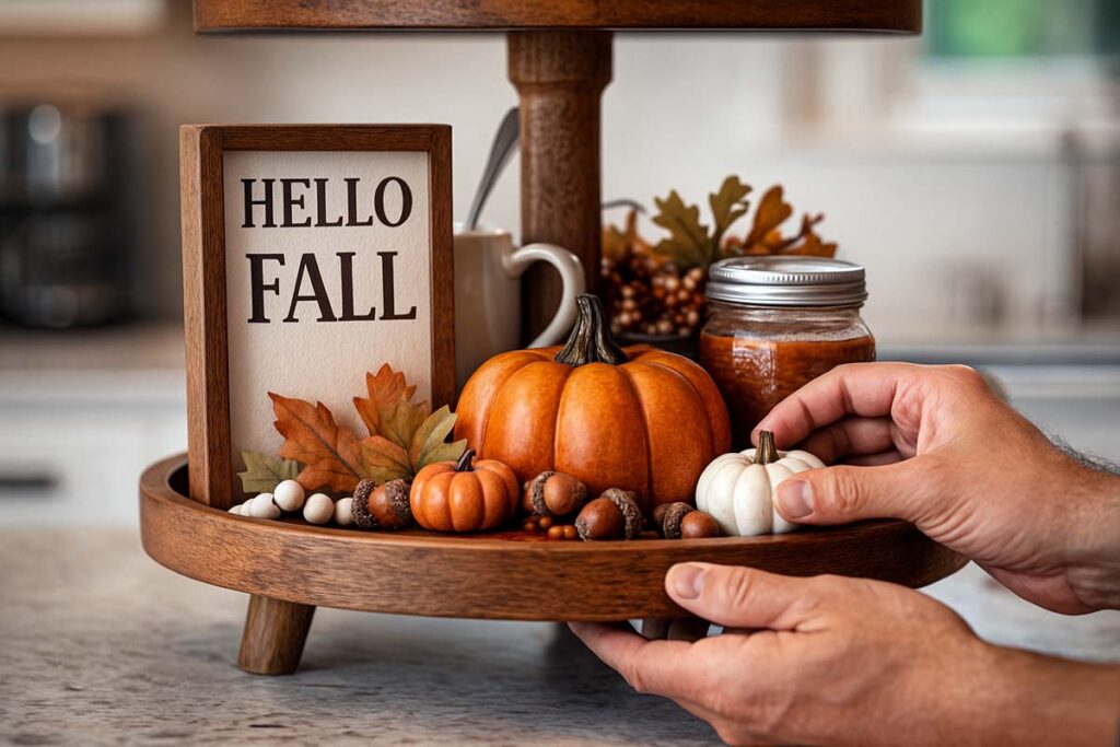 Bottom tier of a fall 2 tier tray styled with anchors, pumpkins, and small fillers