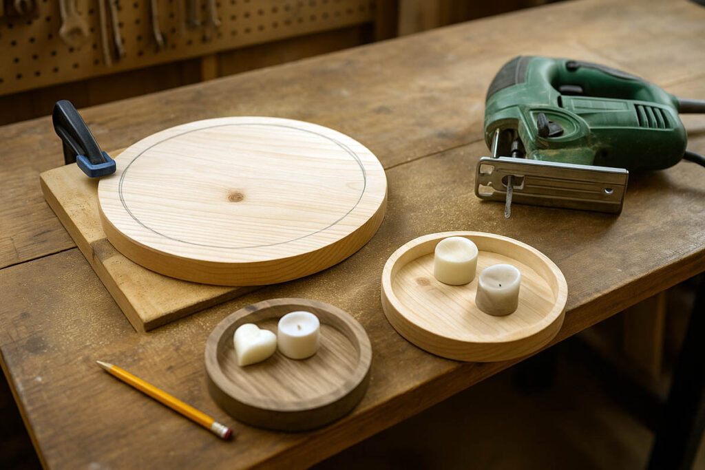 Wooden tray circle clamped on workbench with jigsaw ready for cutting