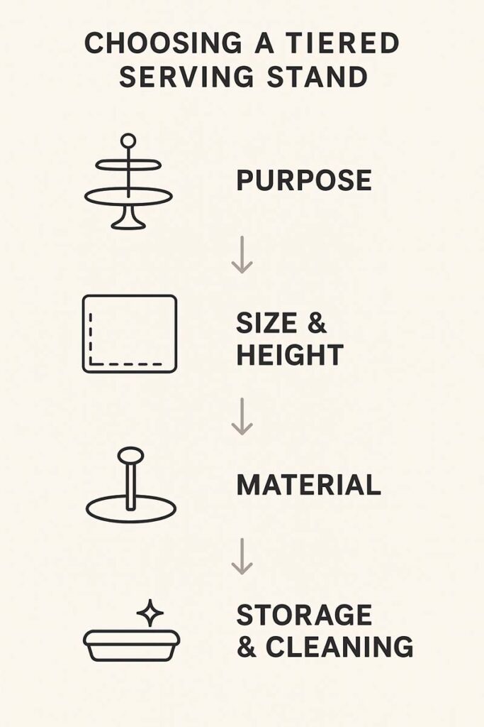 Simple infographic showing a decision flow for choosing a tiered serving stand based on purpose, size, material, and cleaning needs.