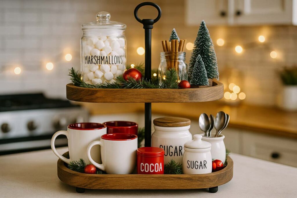 2 tier Christmas tray used as a hot cocoa and coffee station