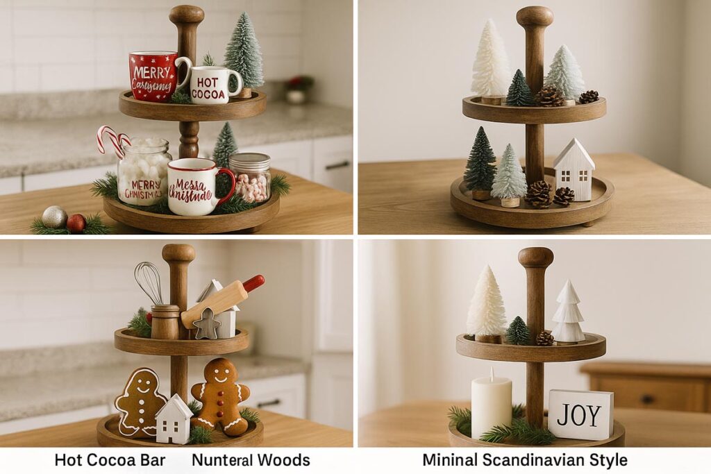 Collage of four Christmas two tier trays in different decorating styles