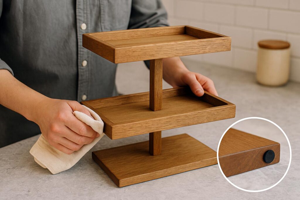 Person wiping a 2 tier rectangle tray and showing rubber pads under the base for stability