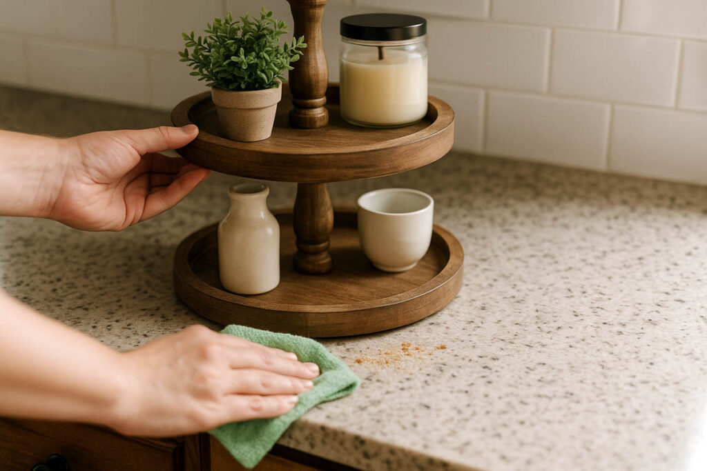 Person lifting farmhouse tray while wiping crumbs from the kitchen counter underneath