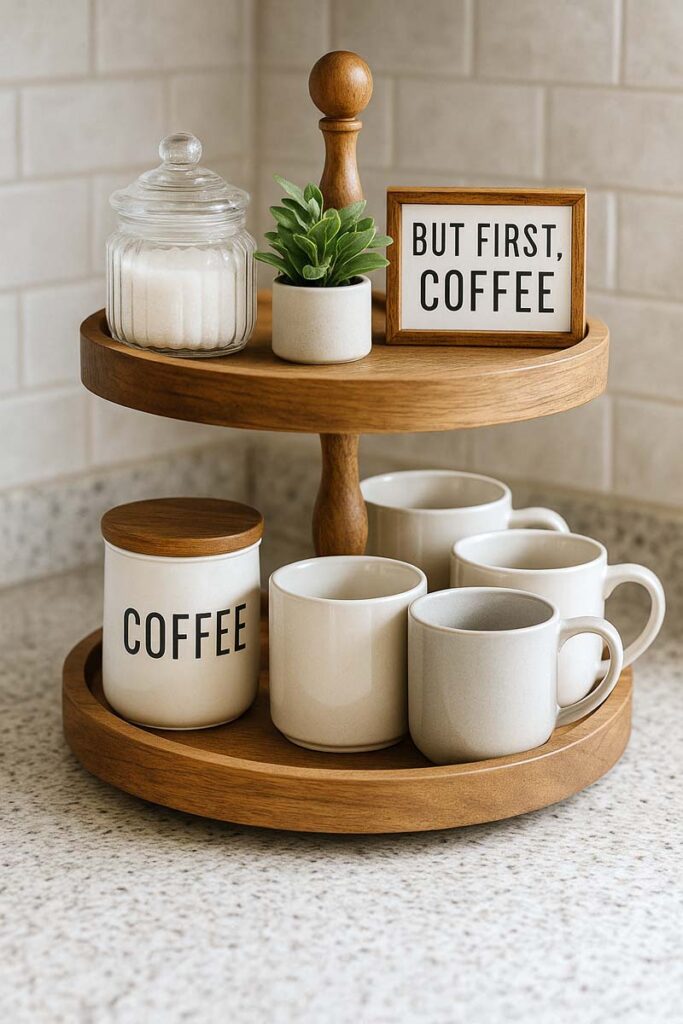 Two tier wooden coffee tray holding mugs sugar jar and decor on a kitchen counter