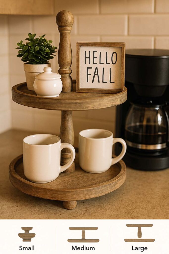 Coffee bar with two tier farmhouse tray holding mugs sugar bowl plant and seasonal sign