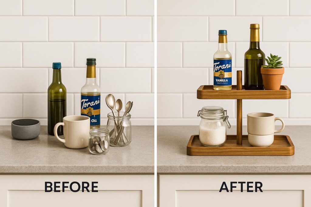 Before and after comparison of a cluttered counter versus an organized counter with a 2 tier rectangle tray