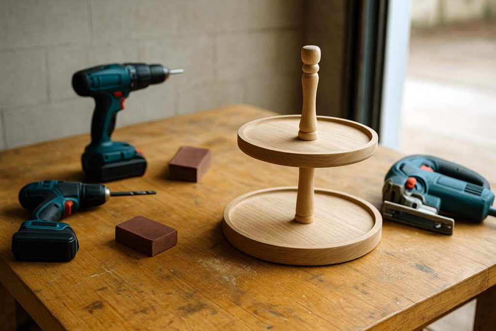 Workshop bench with wooden tray blanks tools and center post laid out for building two tier tray