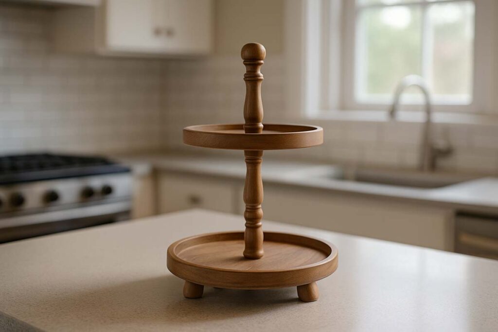 Empty 2 tier tray on kitchen counter ready for Christmas decorating