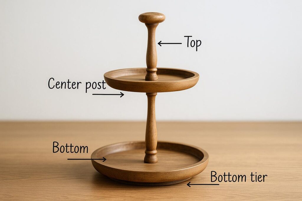 Empty two tier decorative tray with labeled tiers and handle