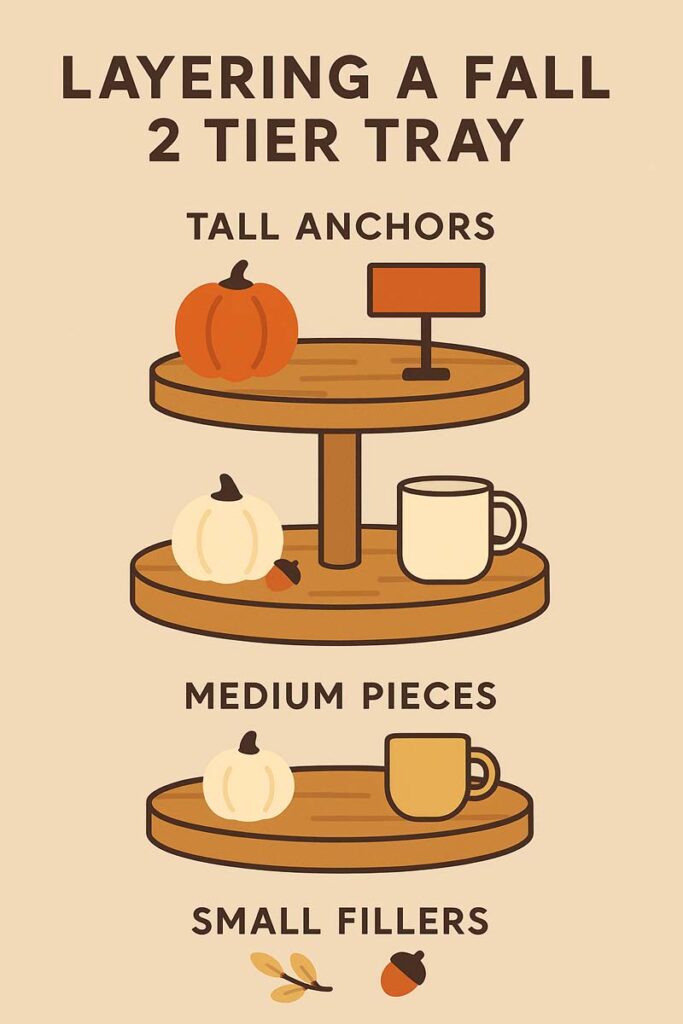 Infographic showing how to layer a fall 2 tier tray with anchors, medium pieces, and fillers