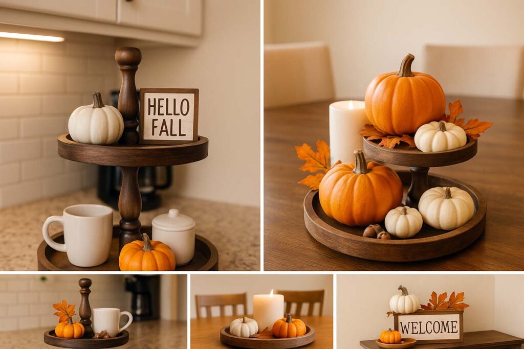 Three fall 2 tier tray styling examples for coffee bar, dining table, and entryway