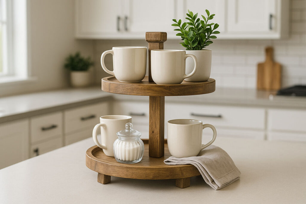 Two-tier wooden farmhouse tray holding mugs and decor on a kitchen island
