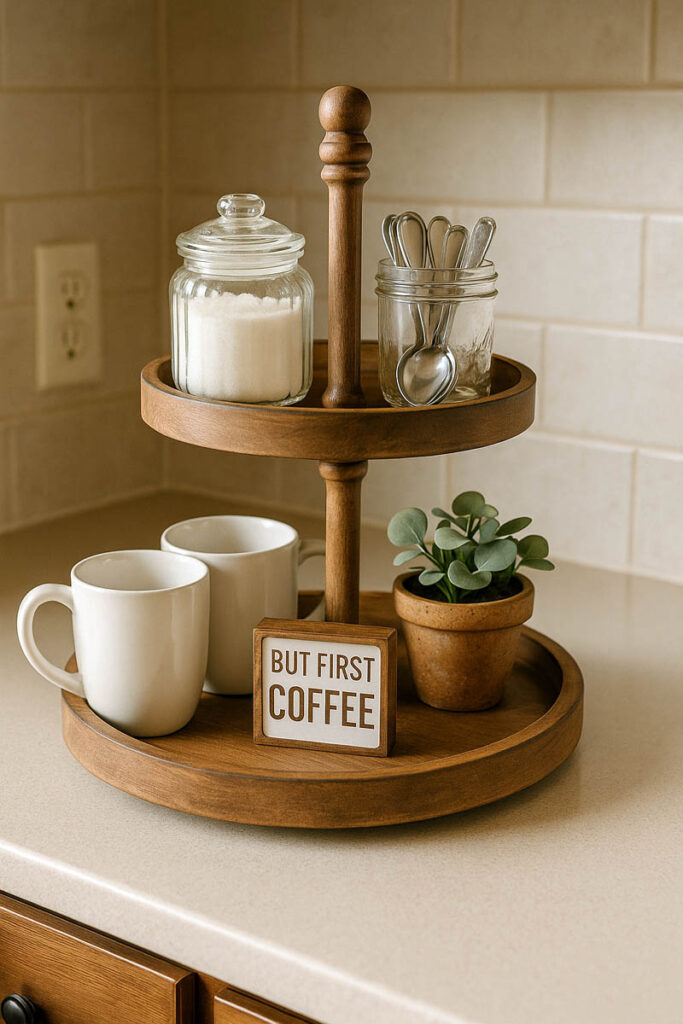Farmhouse tiered tray styled as a simple coffee station on a kitchen counter