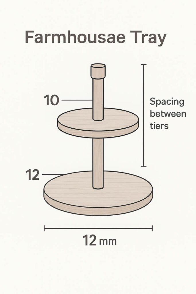 Infographic showing dimensions and spacing for a two-tier farmhouse tray design