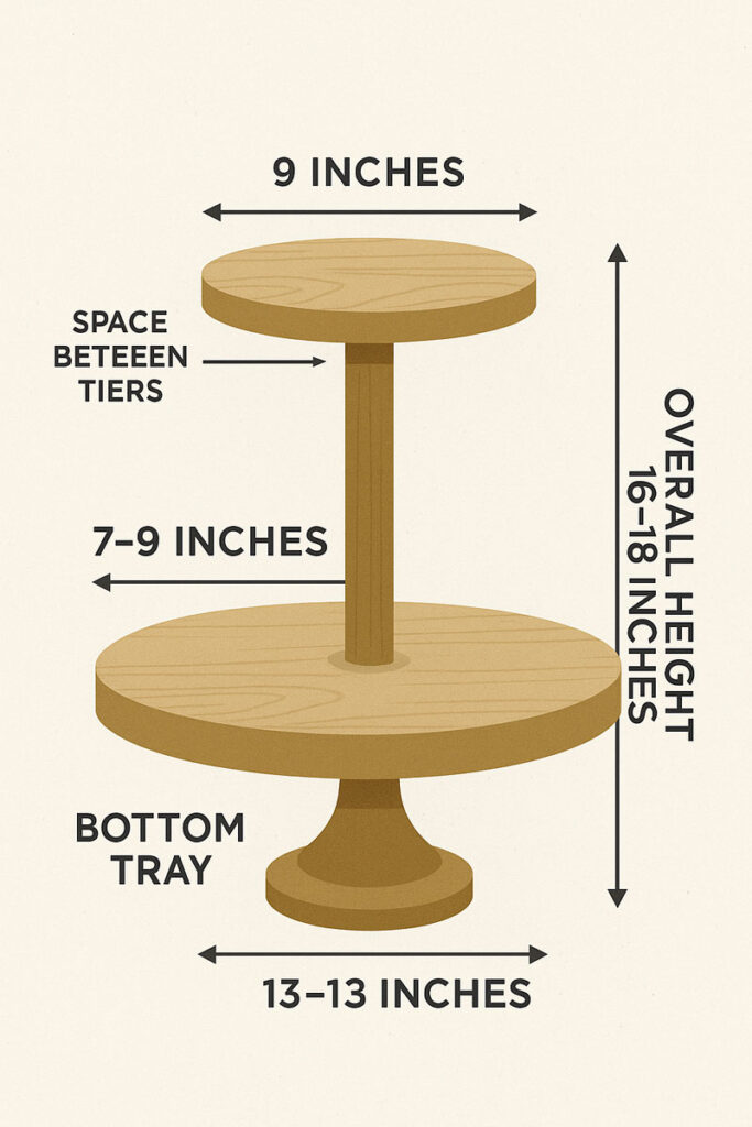 Infographic showing recommended sizes and spacing for a two-tier farmhouse tray