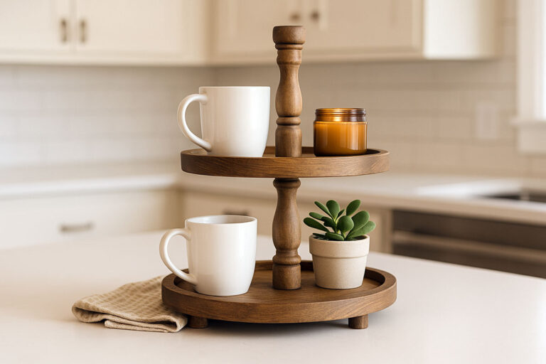 Homemade farmhouse tiered tray styled on a kitchen counter