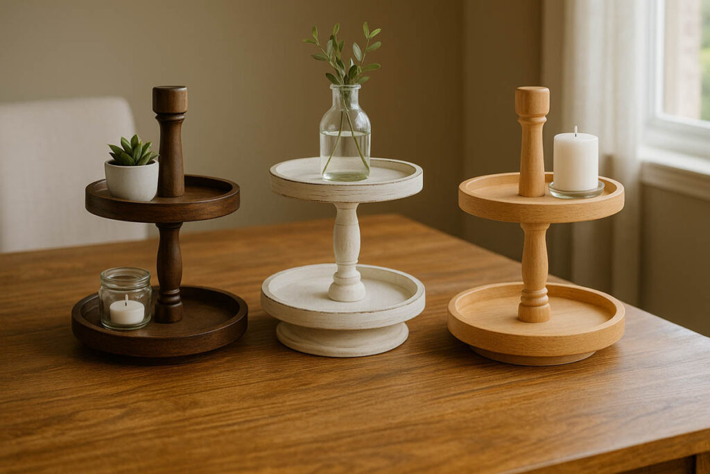 Three farmhouse tiered trays with different stain and paint finishes on a wooden table