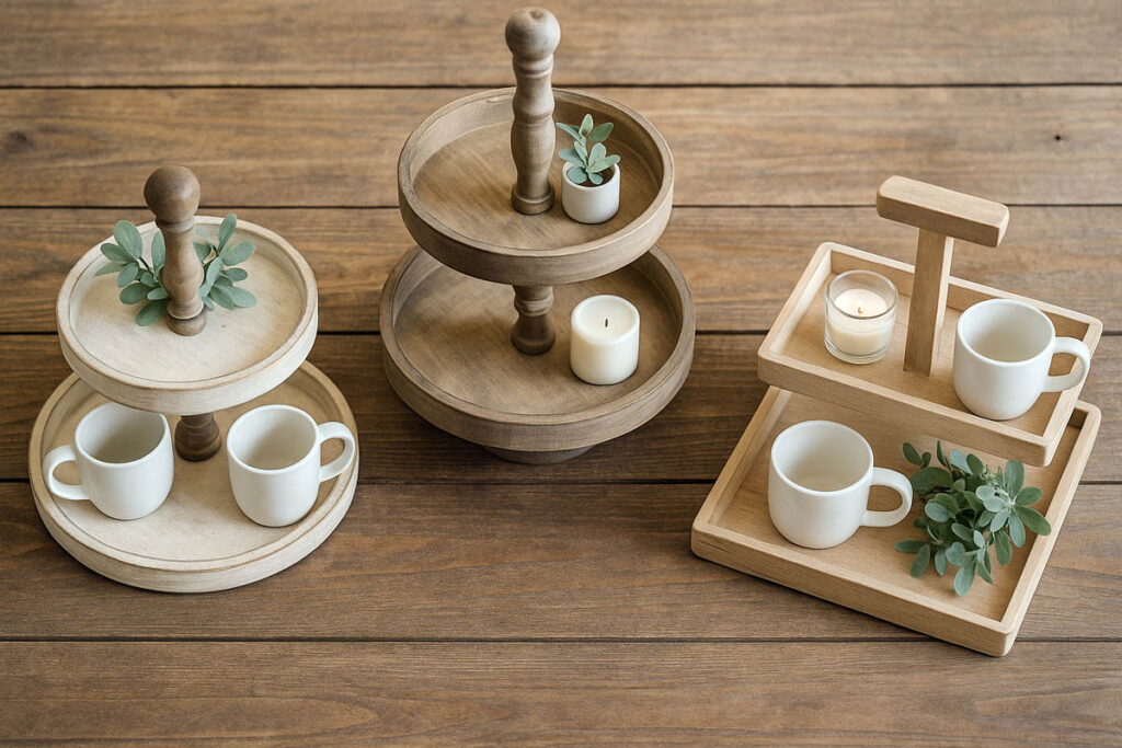 Different farmhouse tiered tray shapes and sizes displayed on a rustic wood table