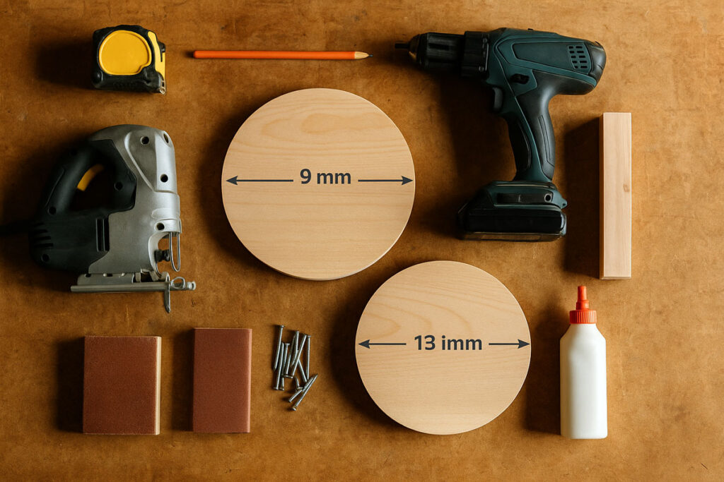 Woodworking tools and wood parts laid out for building a farmhouse tiered tray