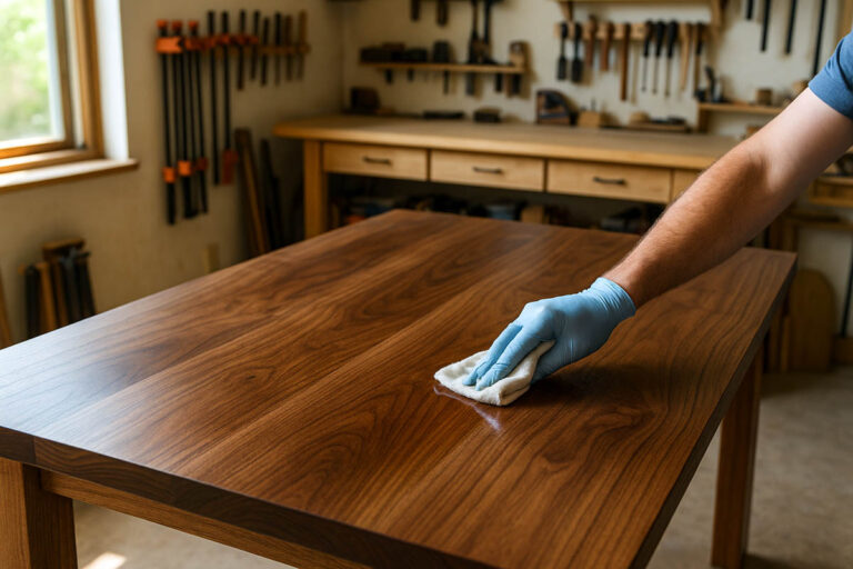 Hand wiping finish onto a walnut table in a home workshop