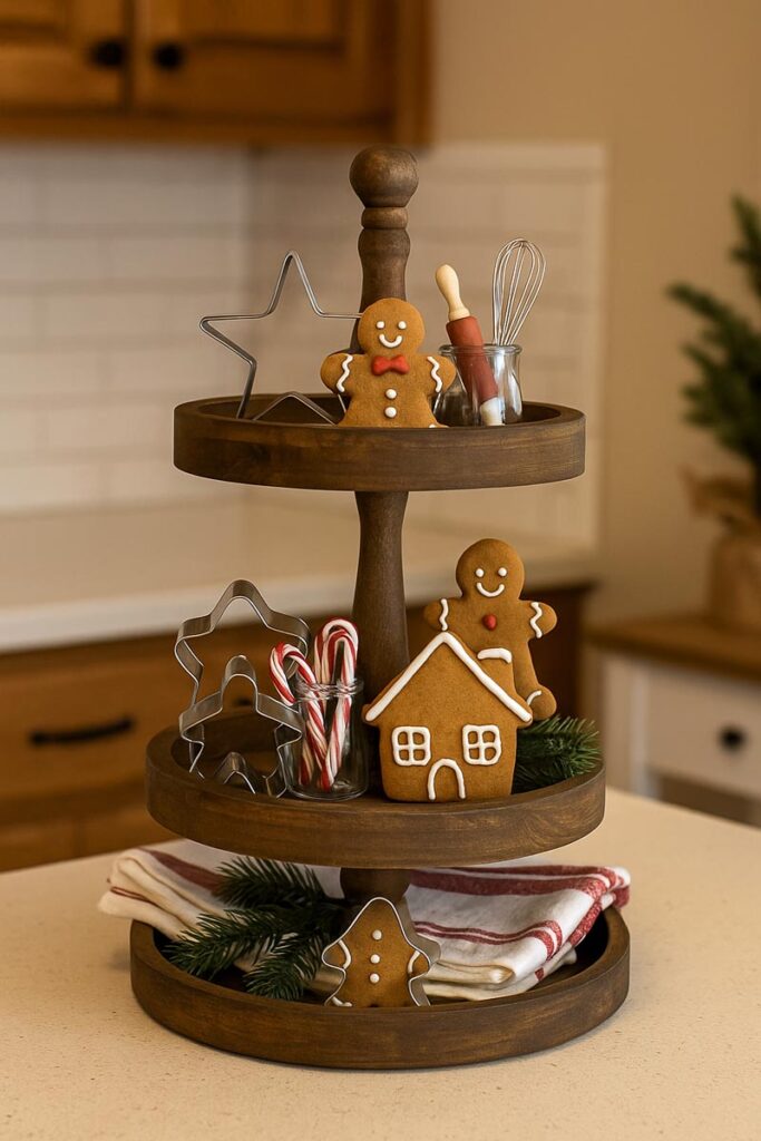 Gingerbread baking themed Christmas two tier tray with cookie cutters and tools
